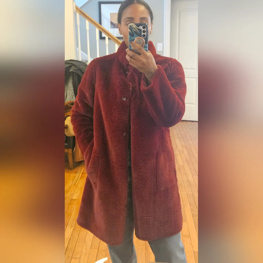 Wine Colored Faux Fur Coat - Picture 1 of 6